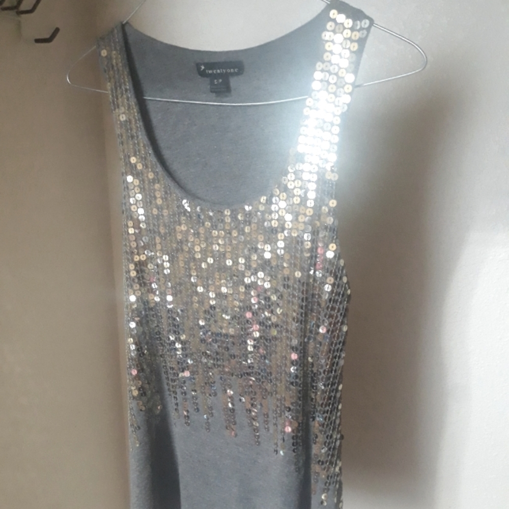 twentyone Brand, silver sequence grey tank top, size small.